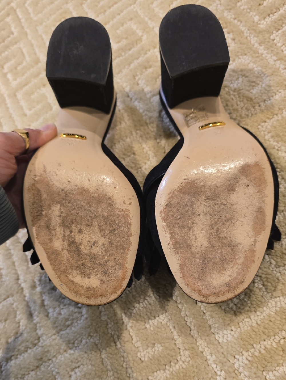 Gucci Black Suede Fringe Mules with Gold Double G, Size 38 - Picture 5 of 12